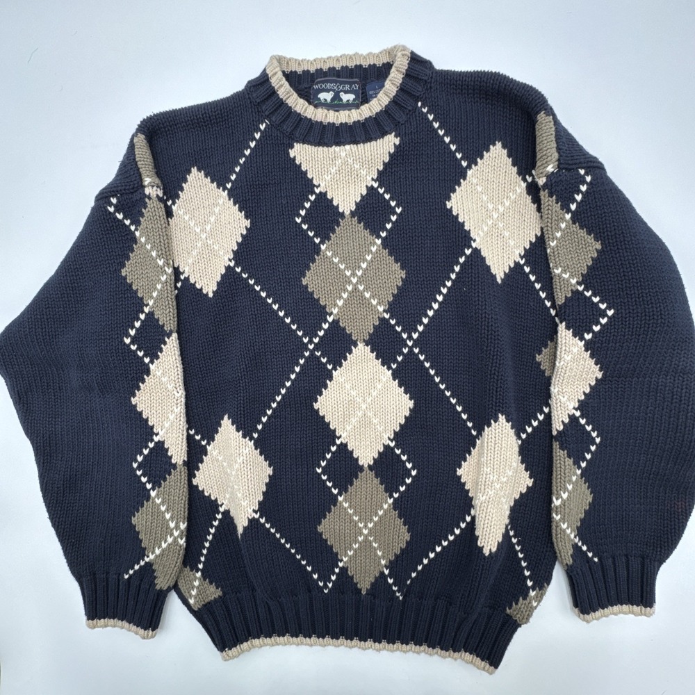 Woods & Gray Sweater Mens Large Navy Vintage Argyle Grandpacore Fall Neutrals